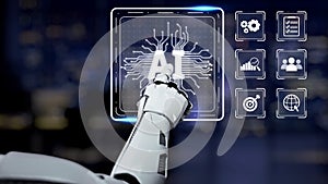 Futuristic robotic hand interacting with digital interface showcasing artificial intelligence technology and various