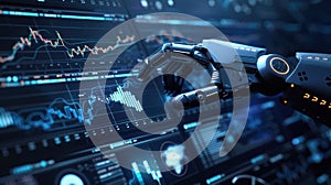 A robotic hand interacts with a digital interface displaying graphs and data. The scene emphasizes technology and