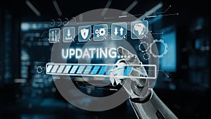 Futuristic Robotic Hand Interacting with Digital Interface and Progress Bar for Updating Data in Technology and