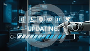 Futuristic Robotic Hand Interacting with Digital Interface During Software Update Process in High-Tech Office