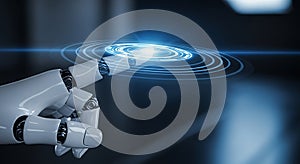 Robotic hand interacts with a digital interface showcasing advanced technology concept