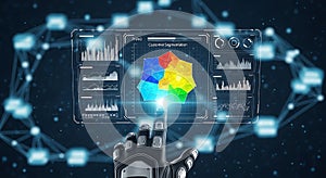 Robotic hand interacts with futuristic customer segmentation data visualization screen