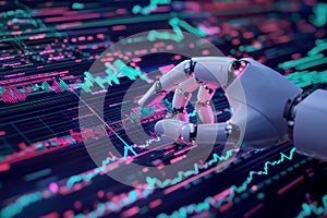 A robotic hand interacts with a futuristic digital interface, analyzing data and charts with a glowing blue screen in