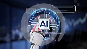 Futuristic AI Concept with Robotic Hand Interacting with Digital Interface Displaying Artificial Intelligence Symbols