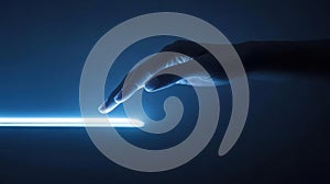 Robotic hand interacts with glowing virtual button in dark environment. Generative AI