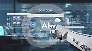 Futuristic robotic hand interacting with digital interface displaying AI technology and data analytics in a modern