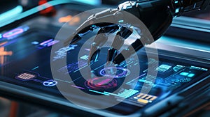 Robotic hand interacts with smart assistant device in futuristic lab setting. Generative AI