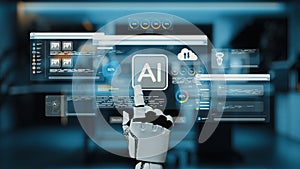 Futuristic robotic hand interacting with digital AI interface displaying data analytics and application features in a