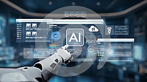 Robotic hand interacting with digital interface showcasing artificial intelligence technology in a modern futuristic