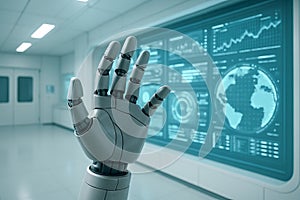 Robotic hand interface with digital display in futuristic lab environment. concept of artificial intelligence, human-robot