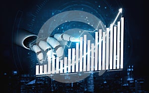 Robotic Hand Pointing at Digital Growth Chart with Futuristic Background and Data Visualization Elements Impute