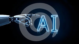 Robotic Hand Pointing At Glowing Artificial Intelligence Letters On Dark Futuristic Background