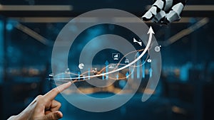 Robotic Hand Pointing Towards Growth Graph in Modern Office with Data Visualization and Technology Symbolizing Business