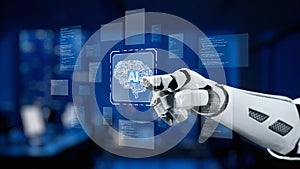 Futuristic robotic hand interacting with digital artificial intelligence interface showcasing advanced technology