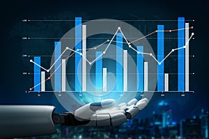 Advanced Data Analysis and Visualization with Robotic Hand Presenting Financial Graphs and Statistics in a Modern