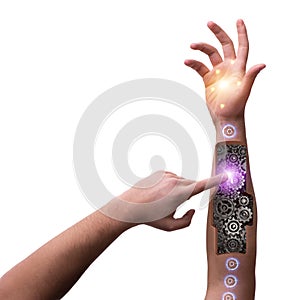 The robotic hand pressing button in futuristic concept