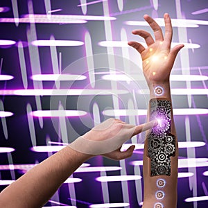The robotic hand pressing button in futuristic concept