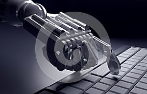 Robotic Hand Pressing Enter Key On Keyboard. 3d rendering. worki