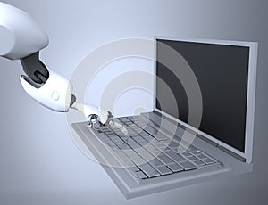 Robotic Hand Pressing Enter Key On Keyboard. 3d rendering. working with computer keyboard