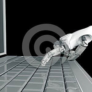 Robotic Hand Pressing Enter Key On Keyboard. 3d rendering. working with computer keyboard