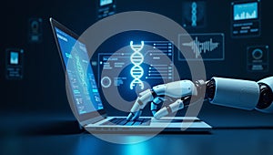 AI Robot Hand Analyzing DNA Data Through Medical Technology and Futuristic Innovation Interface photo