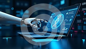 AI Robot Hand Analyzing DNA Data Through Medical Technology and Futuristic Innovation Interface photo