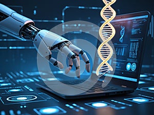 AI Robot Hand Analyzing DNA Data Through Medical Technology and Futuristic Innovation Interface photo