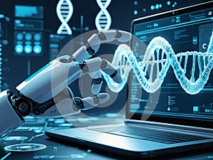 AI Robot Hand Analyzing DNA Data Through Medical Technology and Futuristic Innovation Interface photo