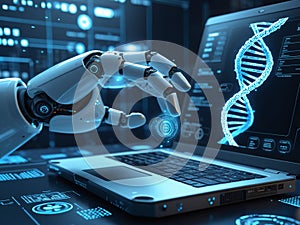 AI Robot Hand Analyzing DNA Data Through Medical Technology and Futuristic Innovation Interface photo