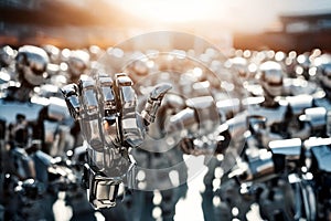 A robotic hand raised famong a crowd of identical robots