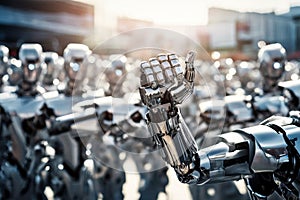 A robotic hand raised famong a crowd of identical robots