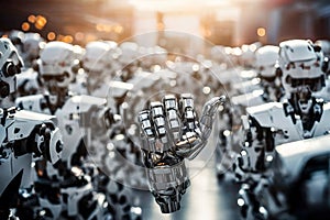 A robotic hand raised famong a crowd of identical robots