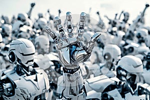 A robotic hand raised famong a crowd of identical robots