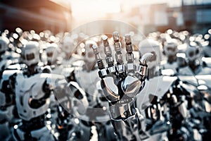 A robotic hand raised famong a crowd of identical robots