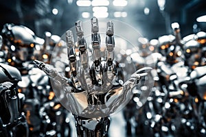 A robotic hand raised famong a crowd of identical robots