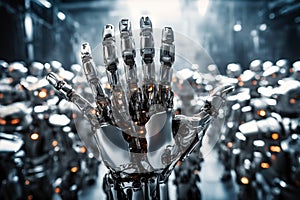 A robotic hand raised famong a crowd of identical robots