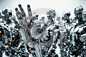 A robotic hand raised famong a crowd of identical robots