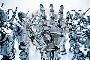 A robotic hand raised famong a crowd of identical robots