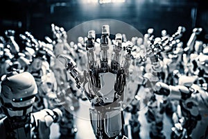 A robotic hand raised famong a crowd of identical robots