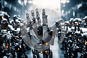 A robotic hand raised famong a crowd of identical robots