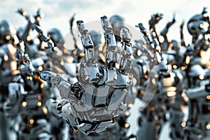 A robotic hand raised famong a crowd of identical robots