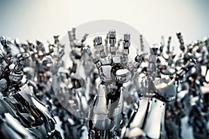 A robotic hand raised famong a crowd of identical robots