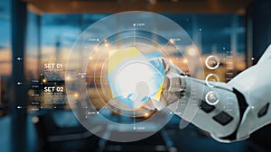 Futuristic Robotic Hand Interacting with 3D Shield in High-Tech Office Environment with Digital Interface Elements and