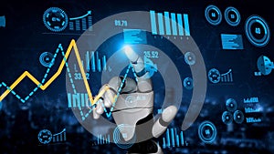 Futuristic robotic hand interacting with digital data visualizations and analytics representing technology and