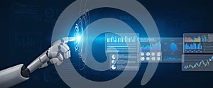 Futuristic robotic hand interacting with data charts and graphs on a digital interface showcasing innovative technology