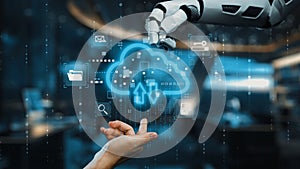 Robotic Hand Interacting with Cloud Storage Interface Representing Data Transfer and Modern Technology Concepts in