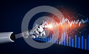Robotic Hand Interacting with Digital Data Visualization and Graphs Representing Technology, Analytics, and Future