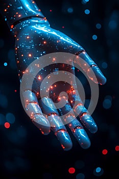 Robotic hand reaching out with glowing circuits and binary code. Generated by AI