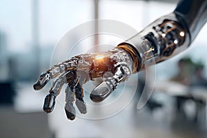 Robotic hand reaching out to a computer mouse on a modern workspace desk
