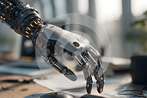 Robotic hand reaching out to a computer mouse on a modern workspace desk